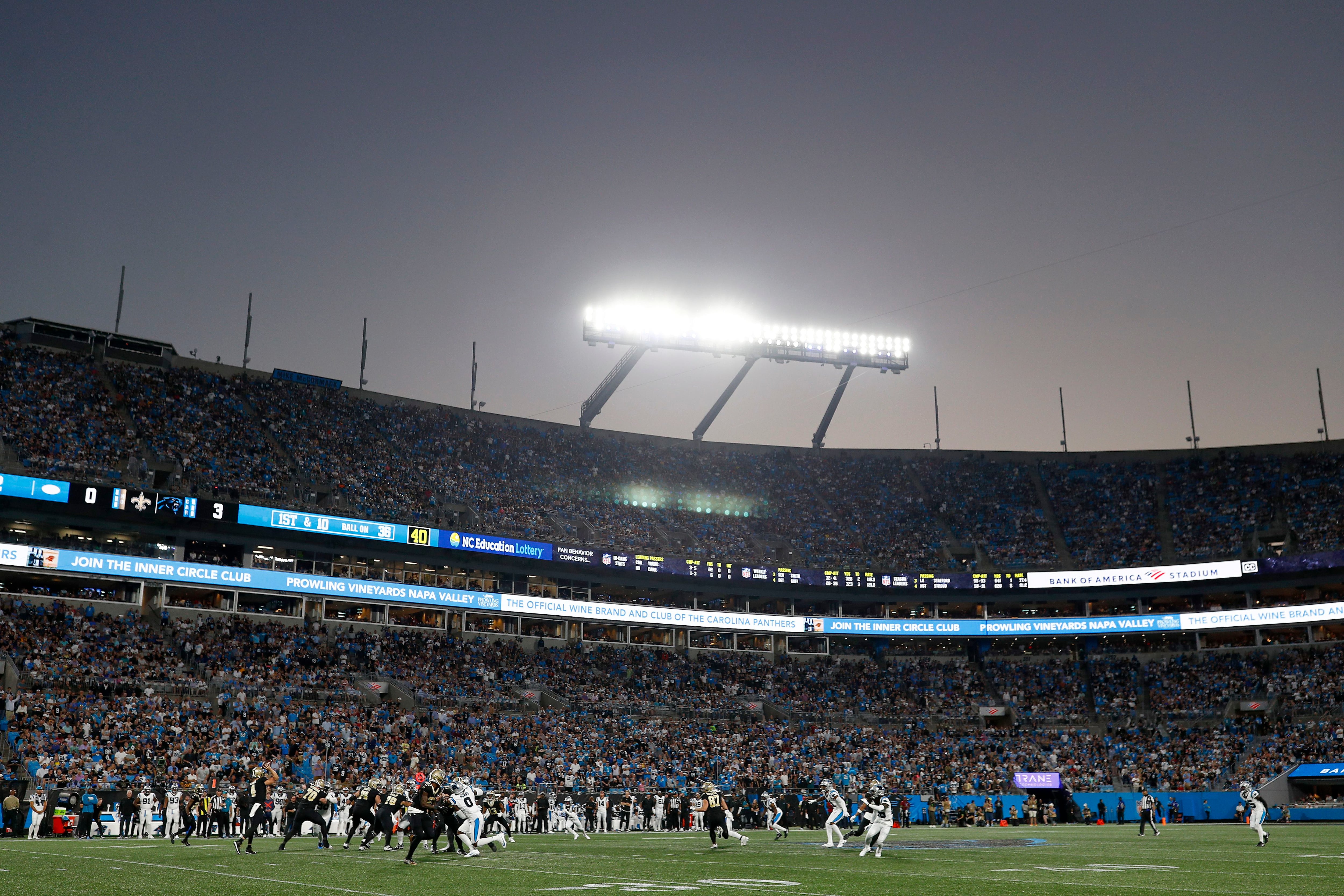 Carolina Panthers Vs. New Orleans Saints. Fans Support On NFL Game.  Silhouette Of Supporters, Big Screen With Two Rivals In Background. Stock  Photo, Picture and Royalty Free Image. Image 151159294.